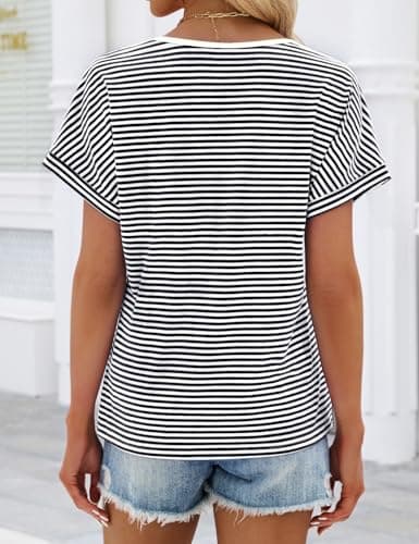 JUSTFASHIONNOW Womens Striped Henley T Shirts Short Sleeve V Neck Summer Tops 2026 Button Front Dressy Casual Blouses view 5
