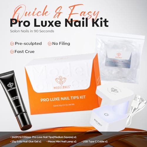 modelones X Nail Gel Kit Almond, 15Sizes Instant Apex False Nail Tips Solid Glue & Mini U/V Lamp, 240Pcs Medium Almond Pre-Building Thick Acrylic Press on Tips LED Light Extension Kit Women Gift view 5