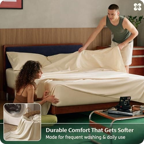 Bedsure Bamboo Viscose Cooling Sheets, Rayon Cotton Serene Blend, PureWoven, Breathable & Buttery Soft Queen Size Bed Set,Deep Pocket Up to 18", Hotel Luxury Bedding for Hot Sleepers, Beige view 5