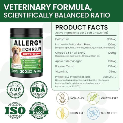 Dog Allergy Relief Chews, Supplement with Probiotics Vitamins, Itchy Skin Relief to Support Seasonal Allergy and Healthy Immune System, Skin and Coat Allergies,Itching & Paw Licking, 200 Soft Treats view 6