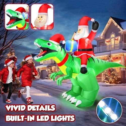9x7FT Christmas Inflatables Santa Ride on Dinosaur with LED Outdoor Christmas Dinosaur Inflatable Blow Up Yard Decorations with Sandbags Stakes Strings for Garden Decor view 6