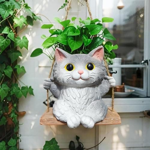 Pyoimmne Cat Hanging Planters for Indoor Outdoor Plants, Small Cute Hanging Pots for Succulent, String of Pearls Plant, Resin Hanging Flower Pots with Drainage Hole, Unique Gift, Garden Home Decor — image 1