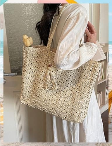 Gleease Straw Tote Bag for Women Woven Beach Bag Raffia Tote with Zipper for Summer Vacation Travel Pool Large Purses view 2