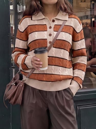 Fisoew Womens Cable Knit Sweaters Casual Polo V Neck Striped Pullover Tops view 3
