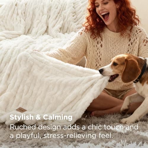 Bedsure Gentlesoft Double-Sided Ruched Faux Fur Throw Blanket for Couch, Cozy Soft Fuzzy Fluffy Faux Rabbit Fur Blanket, Luxury Gifts for Women Thick Warm Plush Room Decor, 50X60 Inch, Cream view 3