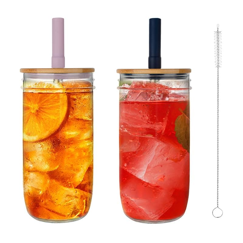 Luxgola Glass Tumbler with Lids and Straws 2 Pack, 24oz Glass Drinking Jars with Lids and Straws,Reusable Wide Mouth Mason Jar Iced Coffee Cup,Smoothie Cup Coffee Travel Mug for Car/Home — image 1