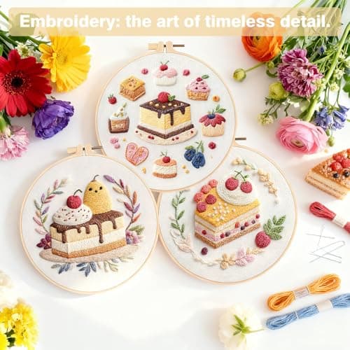 RidaaFri Embroidery Kit for Beginners, 3PC Starter Set with Pre-Printed Cake & Fruit Patterns, Includes Hoop, Needles, Floss, Step-by-Step Guide, DIY Hand Embroidery Craft for Adults view 4