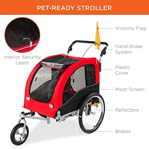 Best Choice Products 2-in-1 Dog Bike Trailer, Pet Stroller Bicycle Carrier w/Hitch, Suspension, Visibility Flag and Reflectors, 66lb Weight Capacity view 4
