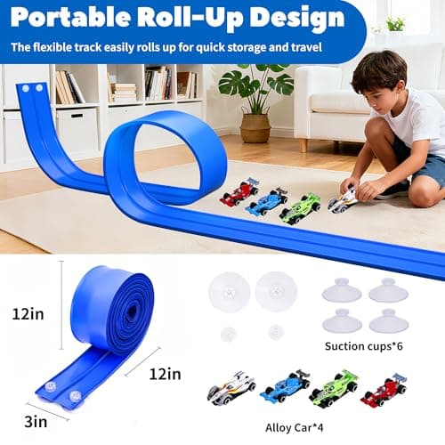 Flexible Race Car Track for Kids 15 Ft Flex Tracks Starter Set Compatible with Diecast 1/64th Cars Portable Rolls Up Race Tracks with Strong Suction Cups Birthday Gifts for Boys Girls Ages 3+ view 2