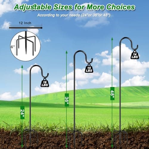 48 Inch Shepherds Hooks for Outdoor, Heavy Duty Bird Feeder Pole with 5 Prong Bases, Garden Hanging Stake for Bird Feeder, Solar Light, Plant Hanger, Wedding Decor, Metal Hanger Hooks, Black, 2 Packs view 4