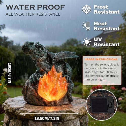 U WONDERFUL Solar Dragon Garden Decor, Porch Dragon Statue with Fiery Light - 6.8 inch Lawn Ornaments, Outdoor Decorative Art Gift for Patio, Yard, Backyard, Porch view 5