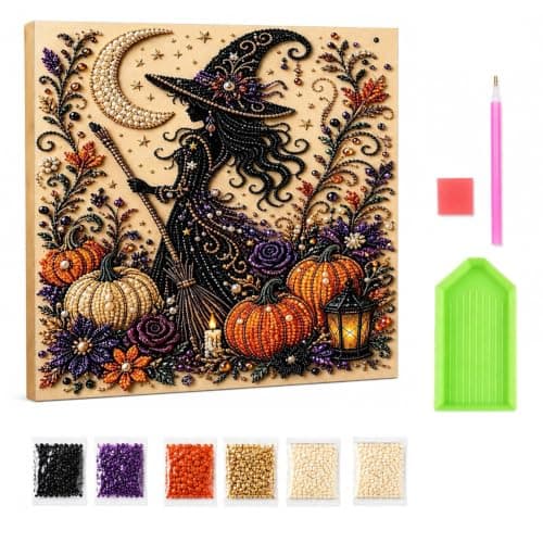 Witch Pearl Art Kit for Adults, Cute 3D Witch Diamond-Painting Crafts for Adults, DIY Fall Home Decor Wall Art, Beginner DIY Seasonal Party Gift view 2