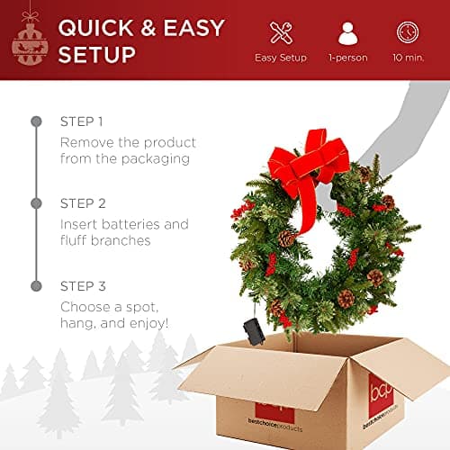 Best Choice Products 30in Pre-Lit Battery Powered Christmas Wreath Artificial Pre-Decorated Holiday Accent w/ 100 Lights, 276 PVC Tips, Ribbons, Pine Cones view 6