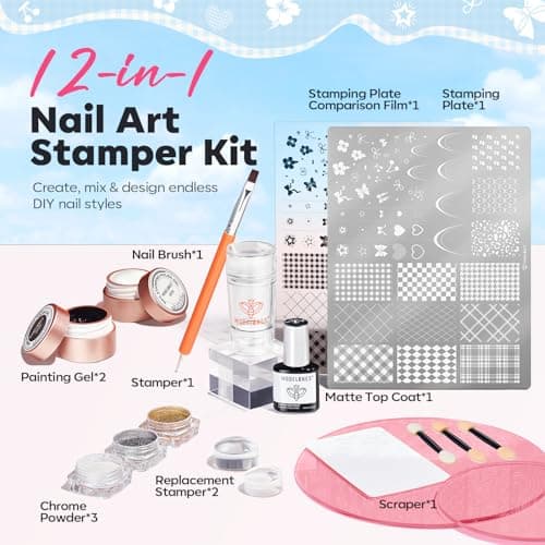 Modelones 16PCS Plaid Nail Stamping Kit – French Tip Stamper White Black Painting Gel Polish Chrome Powder Proof Matte Gel Top Coat Gingham Template Dual Nail Art Brush Spring Manicure Gift for Women view 6