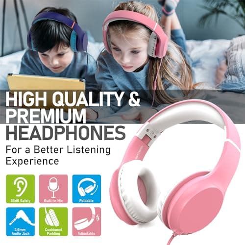 FosPower Kids Headphones with 3.5mm Laced Cables, Children & Teens Over The Ear Foldable Adjustable Headset w/Built-in Mic for Smartphones/PC/Tablet/Laptop/School (Max Volume 85dB) – Pink/White view 2