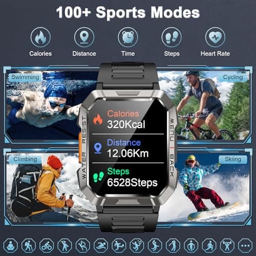 Military Smart Watch for Men(Answer/Make Call), Outdoor Sports Smartwatch with Flashlight/100 Days Battery/Compass/Heart Rate/SpO2/Sleep Monitor/2 Straps, Fitness Tracker for iPhone/Android Phones view 4