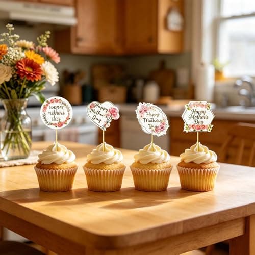 Oeyliz Happy Mothers Day Cupcake Topper 24 Pieces Flower Patterns Mom Cake Decorations Happy Mothers Day Cupcake Toppers for Mothers Day Party Cake Decorations view 2