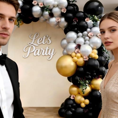 Black Gold Silver Balloon Garland Arch Kit, 143Pcs Black Gold Silver Latex Balloons for New Year 2026 Graduation Retirement Birthday Party Decoration view 5