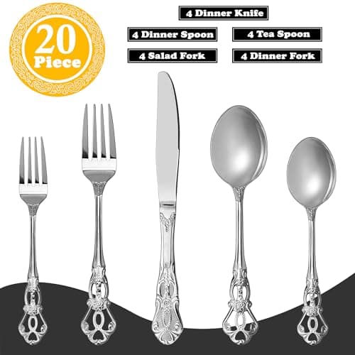 Runfly Gorgeous Retro Royal Stainless Steel 20 Pieces Flatware Set, Silverware Set, Anti-rust Stainless Steel Cutlery Set Utensils Including Fork Spoon and Knife view 2