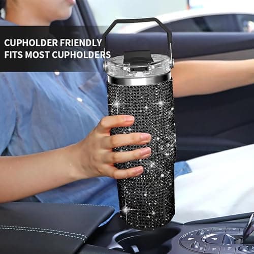 30oz Bling Rhinestone Studded Tumbler with Top Handle, Bling Cups Stainless Steel Water Bottle Diamond Glitter Tumbler for Women - Birthday Gifts for Women, Mom,Get Well Soon Gifts (Black) view 6