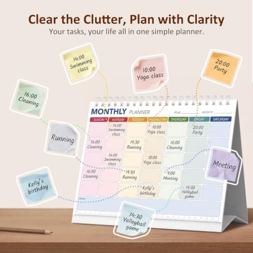 Desk Blank Calendar, Monthly Planner Stand, Undated Spiral-Bound Monthly Calendar, 12-Page Color-Coded Weekly Planner Pages with Memo Sections, Foldable Tri-Fold Desktop Daily Calendar view 3