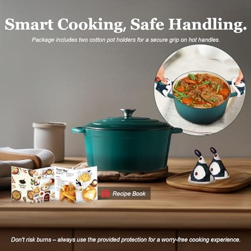 Overmont Enameled Cast Iron Dutch Oven - 7QT Pot with Lid Cookbook & Cotton Potholders - Heavy-Duty Cookware for Braising, Stews, Roasting, Sourdough Baking bottle green view 6