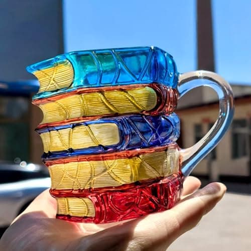 AKLOPE Handmade Glass Book Coffee Mug, 7oz, Stackable 3D Design, Blue and Amber Colored(Small) view 4