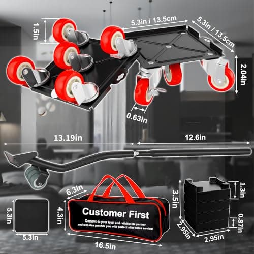 Qenovo 1,500 lb Capacity Furniture Dolly Set, 5.3-Inch Platforms, Red | Carbon Steel Dollies Feature Five Quiet Wheels, Including Locking Casters, Plus a Pry Bar for Washers, Sofas and Cabinets. view 3