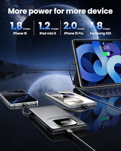 10000mAh 22.5W Portable Charger, Built-in Cables, Matte Black view 5
