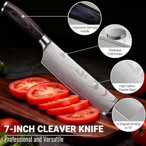 Nanbone Nakiri Knife 7 Inch Sharp Meat Cleaver and Vegetable Kitchen Knife Damascus Asian Chef Knife for Home and Kitchen with Ergonomic Handle High Carbon Stainless Steel knife Chef Cooking Gift view 4