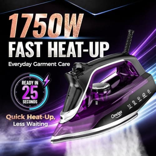 Omaiga 1750W Steam Iron for Clothes, Dual-Ceramic Soleplate, Plum | Fast heat-up, steam burst, 13.5 fl oz tank, anti-drip, 3-way auto shut-off, self-cleaning and anti-calc view 5