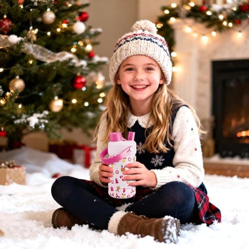 12 oz Kids Christmas Insulated Water Bottle: 2-in-1 Straw Spout Lid, Leakproof, BPA-Free, Keep Cold 24H, Stainless Steel Cup with Carrier Bag for Party, Travel, Holiday Gift (Santa's Jolly Wishes) view 2