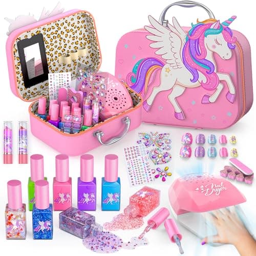 Glisiol Kids Nail Polish Set for Girls Toys, Washable Quick-Dry Toddler Nail Art Kit with Air Cooling Dryer and Cosmetic Case, Christmas or Birthday Gifts for Girls Ages 3 4 5 6 7 9 10 11 12-Pink