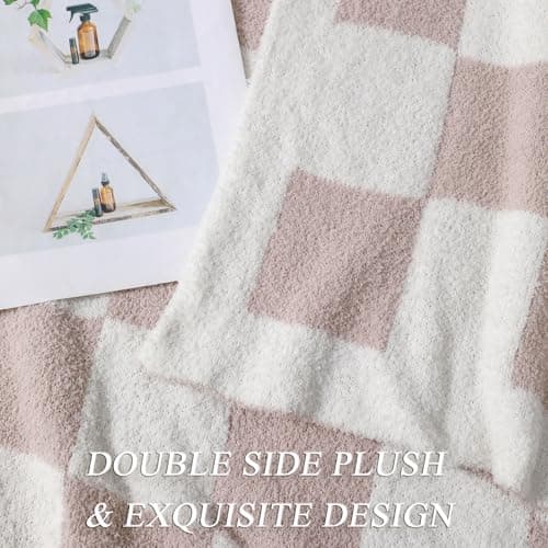 bearberry Fuzzy Checkerboard Grid Throw Blanket Knitted Soft Cozy Warm Microfiber Bed Blanket Decor for Couch Sofa Bed Travel Home (Cream, 60''x80'') view 3