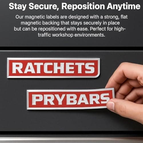 Magnetic Tool Box Organization Labels, 12 Pack Reusable Steel Cabinet Labels for Workshop Storage, Toolbox Drawer with Strong Magnet Backing (Red) view 2