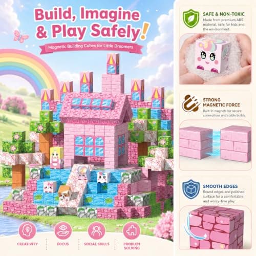 Magnetic Blocks 100PCS Pink Castle Building Set for Kids Ages 3+ view 3