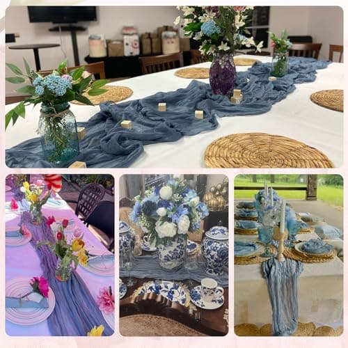 Dusty Blue Cheesecloth Table Runner 10FT Gauze Rustic Cheese Cloth Dining Table Decor Runners for Garden Party Bridal Memorial Day‌ Birthday Decorations 1Pack 35x120 Inches view 3