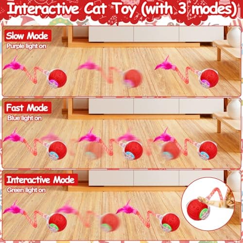 Interactive Cat Toy Ball - Christmas Cat Toys for Indoor Cats with Feather Tails for Chasing, Moving Stimulation Smart Cat Toy for Enrichment, Motion Activated Automatic Rolling Toys to Keep Them Busy view 7