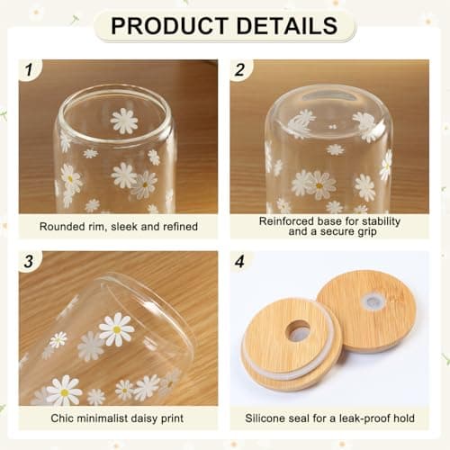 KMCCUMBER Cute Glass Cups with Lids and Straws, Teen Girl Birthday Gifts Daisy Iced Coffee Cup, Beige Aesthetic Mug Tumbler for Birthday Mothers Day Christmas Valentines Coffee Lover 16oz view 6