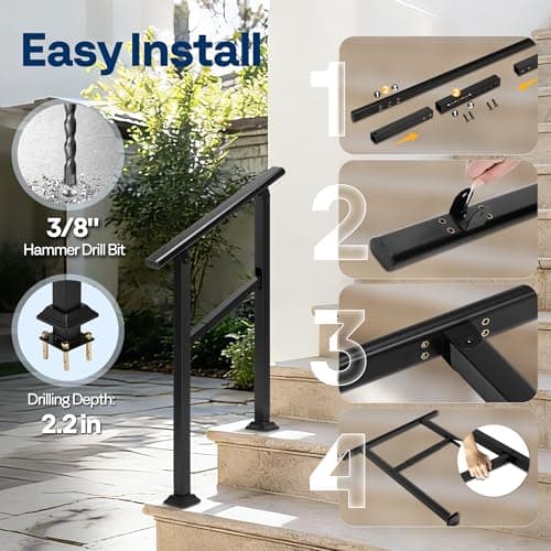 VIVOHOME Adjustable Outdoor Handrails - Durable Galvanized Steel, Black Oval Design for Porch, Deck & Stairs, 2-Pack for 2 Steps view 5