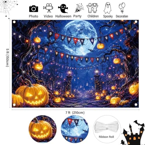 Halloween Backdrop Full Moon Night Party Decoration Pumpkin Photo Banner view 2