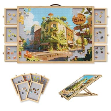 Opprut 1500-Piece Rotating Puzzle Board with Drawers and Cover, Puzzle Tables for Adults, Portable Jigsaw Wood Table with 6 Storage Drawers, Non Slip Felt and Handle, Ideal Gift（35.1"x26"）