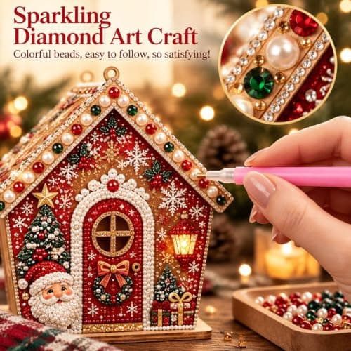 3D Christmas Wooden House Diamond Painting Santa White view 2