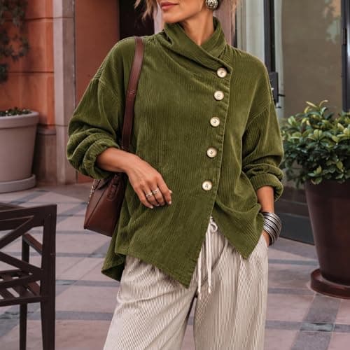 Women's Corduroy Jacket Asymmetrical Button Down Shirts Long Sleeve Coat view 3