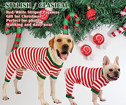 Sychien Dog Christmas Pajamas Medium,Red and White Striped Pjs for Boy Girl Dogs,Thermal Warm Cotton Christmas Holiday Jumpsuit,M view 3