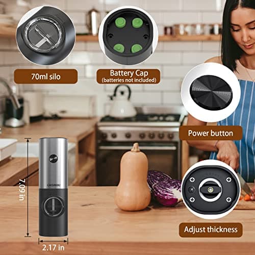 CAISIMIKI Electric Salt or Pepper Grinder Battery Operated, Automatic Salt and Pepper Mill Grinder Shakers with LED Light, Adjustable Coarseness, Include Brush and Spoon, Stainless Steel 1 PACK view 6