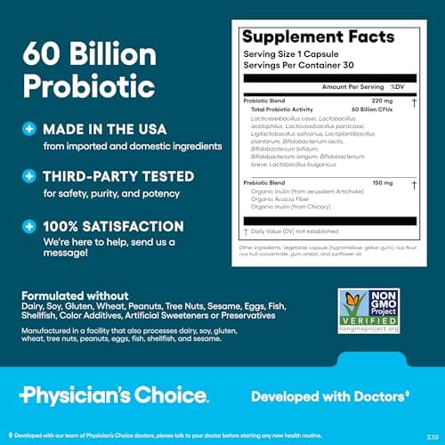 Physician's CHOICE Probiotics 60 Billion CFU - 10 Strains + Organic Prebiotics - Immune, Digestive & Gut Health - Supports Occasional Constipation, Diarrhea, Gas & Bloating - for Women & Men - 30ct view 6