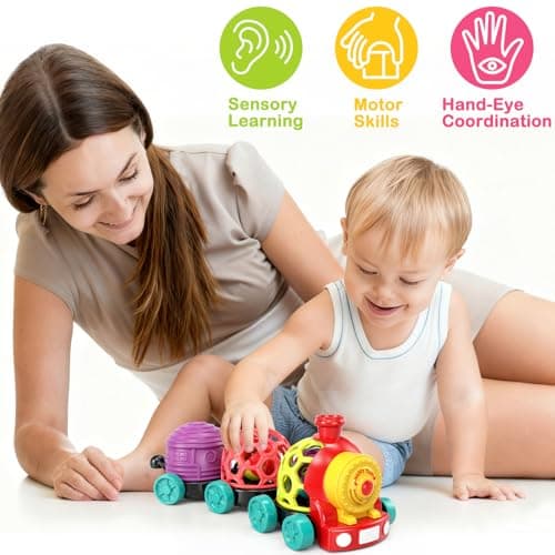WEEJOYGAM Train Baby Toys 6-12 Months, Infant Soft Cars for Toddlers 1-3 Boy Easter Basket Stuffers Birthday Gift 6 7 8 9 10 Month 1 Year Old Boy Cause Effect Montessori Musical Push Truck Ball Rattle view 3