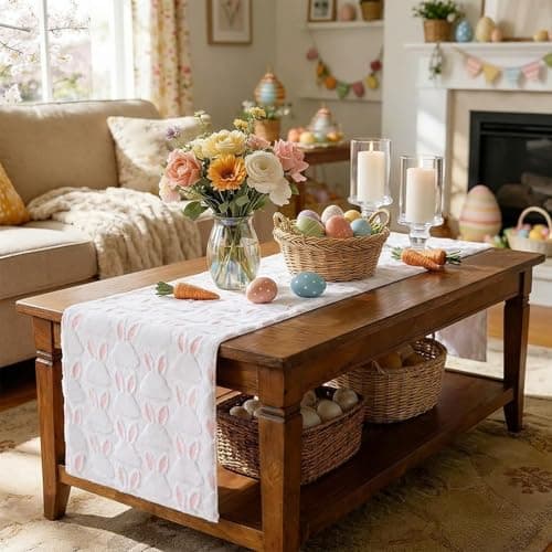 tiosggd Spring Table Runner 72 Inch, White and Pink Faux Fur Cute Bunny Rabbit Dresser Runners for Bedroom, Jacquard Mother's Day Birthday Holiday Party Decorations, Farmhouse Dining Table Decor view 5