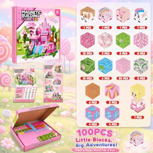 Magnetic Blocks 100PCS Pink Castle Building Set for Kids Ages 3+ view 2